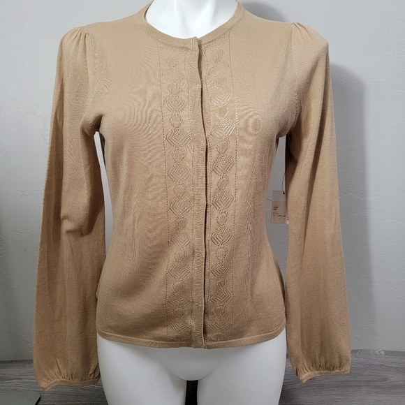Tahari‎ Tan Cardigan Sweater Size M Silk Button Down Balloon Cuff Minimalist NEW - Picture 1 of 12